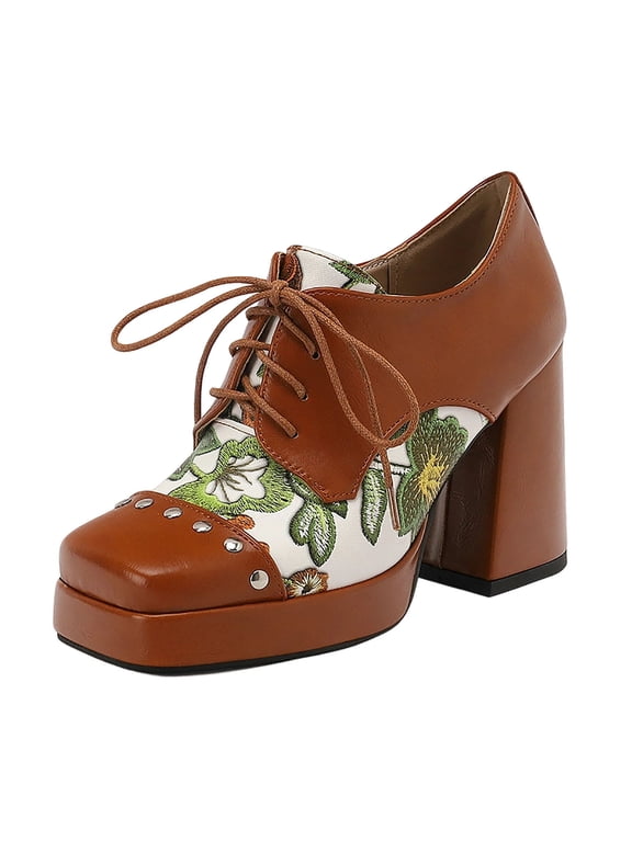 Womens PU Shoes Chunky High Heels Lace Up Wingtip Perforated Saddle Pumps Shoes