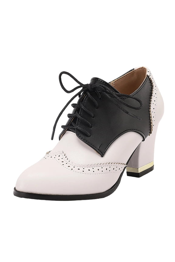 Womens PU Shoes Chunky High Heels Lace Up Wingtip Perforated Saddle Pumps Shoes