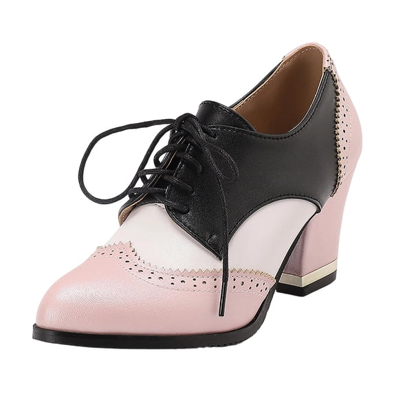 QQAMB Womens PU Shoes Chunky High Heels Lace Up Wingtip Perforated Saddle Pumps Shoes