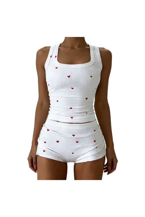 Womens Pajama Sets Casual Sleeveless Tank Top and Shorts Ribbed Knit 2 Piece Lounge Set White M