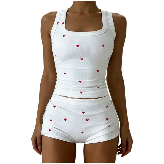 QQAMB Womens Pajama Sets Casual Sleeveless Tank Top and Shorts Ribbed Knit 2 Piece Lounge Set White S