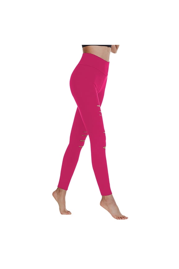Womens Pants High Waist Yoga Pants Cutout Ripped Tummy Control Workout Running Yoga Skinny Leggings Hot Pink XL