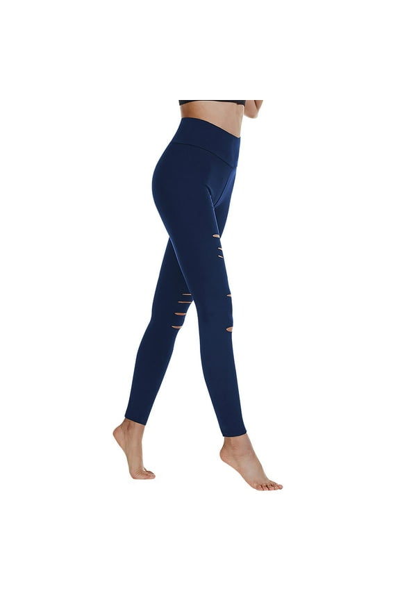 Womens Pants High Waist Yoga Pants Cutout Ripped Tummy Control Workout Running Yoga Skinny Leggings Navy 2XL