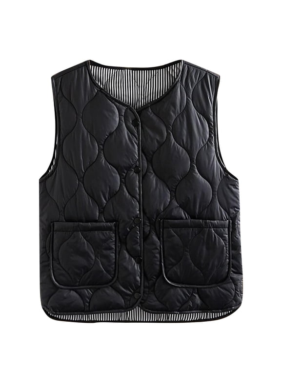 Womens Puffer Vest Plus Size Lightweight Crew Collar Sleeveless Quilted Jackets Button Fall Spring Plus Size Coat Outerwear Black 2XL