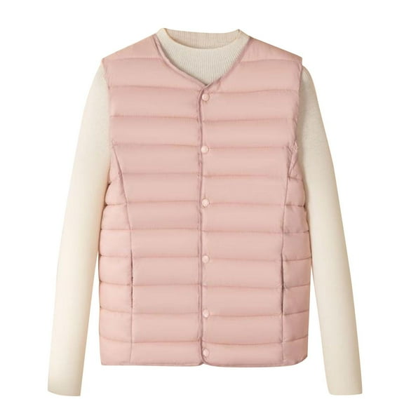 QQAMB Womens Puffer Vest Quilted Lightweight Collarless Sleeveless Outdoor Jackets Button Winter Warm Padded Coat Outerwear Pink 2XL
