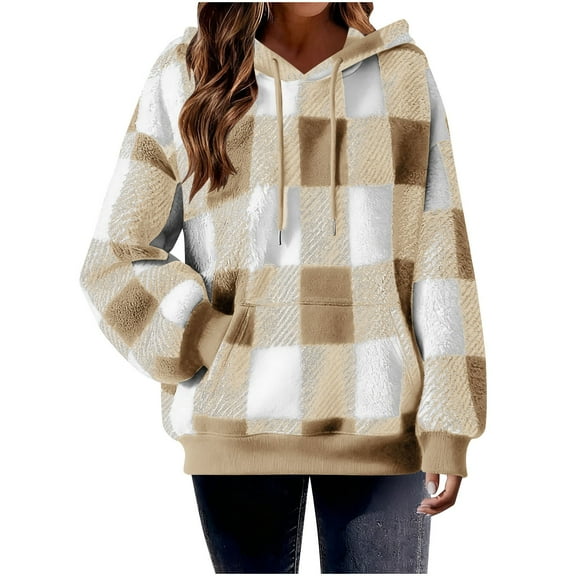 QQAMB Womens Sherpa Pullover Oversized Fuzzy Hoodie Double Fleece Sweatshirts Fluffy Plaid Outerwear Warm Coats Rose Gold M