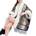 thumbnail image 1 of QQAMB Womens Shwals Fall Plaid Fringe Poncho Sweaters Beaded Cape Faux Fur Trim Shawl Wraps Christmas Open Sleeve Cloak Scarf, 1 of 3