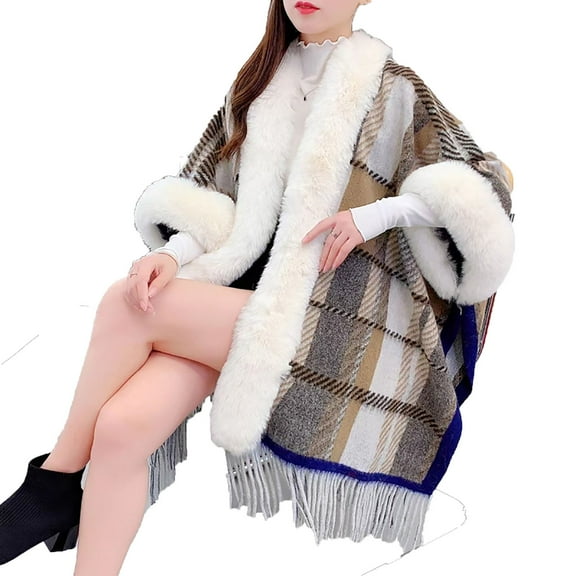 QQAMB Womens Shwals Fall Plaid Fringe Poncho Sweaters Beaded Cape Faux Fur Trim Shawl Wraps Christmas Open Sleeve Cloak Scarf