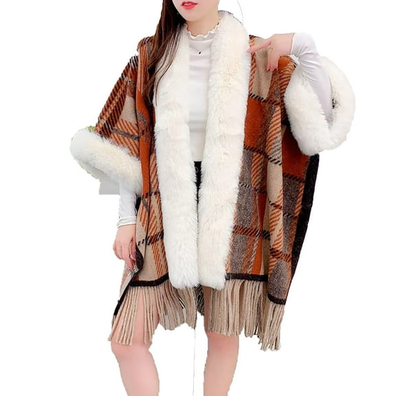 QQAMB Womens Shwals Fall Plaid Fringe Poncho Sweaters Beaded Cape Faux Fur Trim Shawl Wraps Christmas Open Sleeve Cloak Scarf