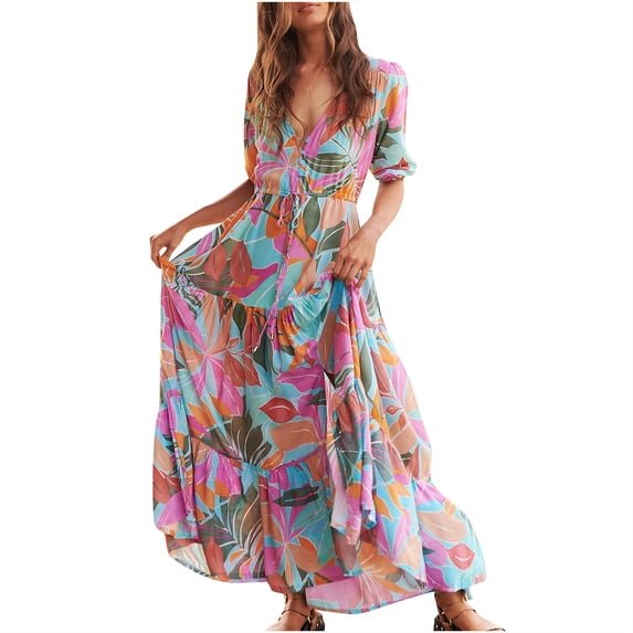 DeHolifer Womens Summer Beach Dress Boho Dresses Fashion Floral Print Dress Casual V-Neck Short Sleeve Slit Hem Maxi Dress Multicolor XL