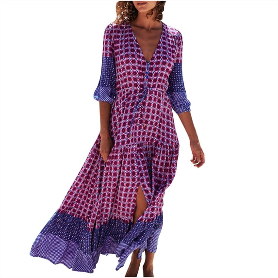 DeHolifer Womens Summer Beach Dress Boho Dresses Fashion Floral Print Dress Casual V-Neck Short Sleeve Slit Hem Maxi Dress Purple S