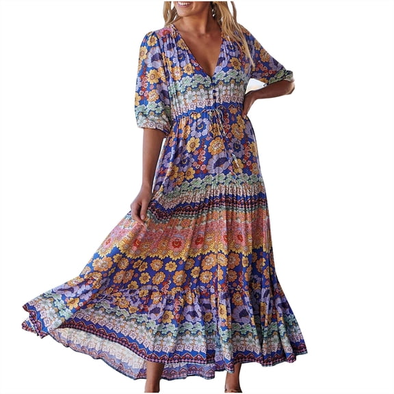 QQAMB Womens Summer Beach Dress Boho Dresses Fashion Floral Print Dress Casual V-Neck Short Sleeve Slit Hem Maxi Dress Purple XL