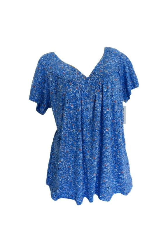 Womens Summer Tops Floral Shirts Casual Boho V-Neck Tshirts Hide Belly Fat Short Sleeve Tunic Blouses Blue 5XL