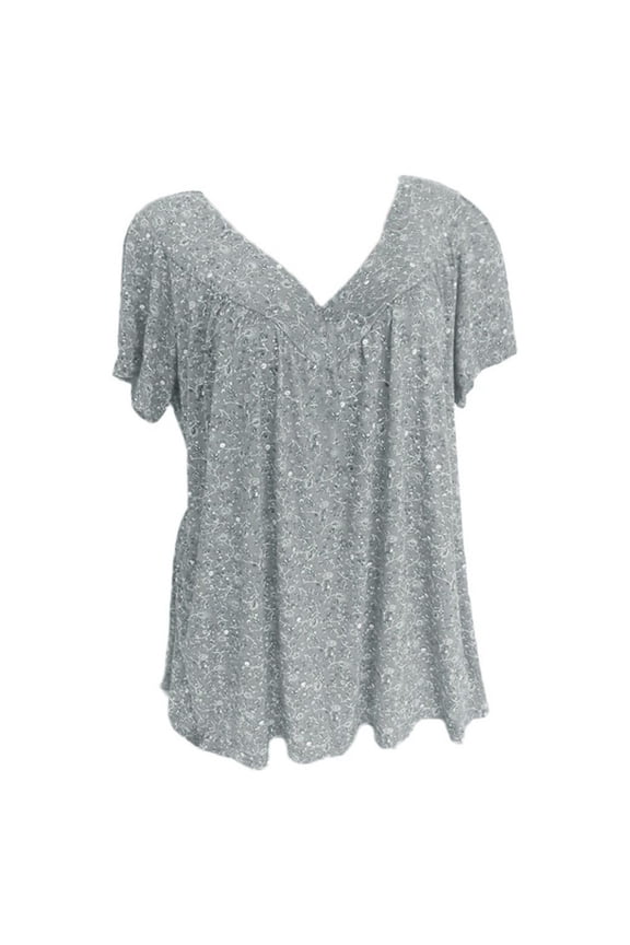 Womens Summer Tops Floral Shirts Casual Boho V-Neck Tshirts Hide Belly Fat Short Sleeve Tunic Blouses Gray 2XL