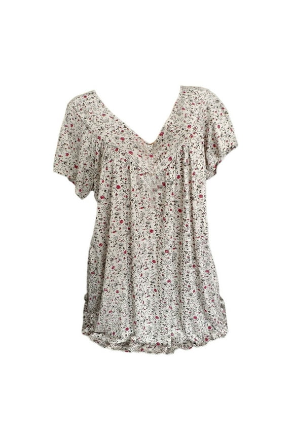 Womens Summer Tops Floral Shirts Casual Boho V-Neck Tshirts Hide Belly Fat Short Sleeve Tunic Blouses White 2XL