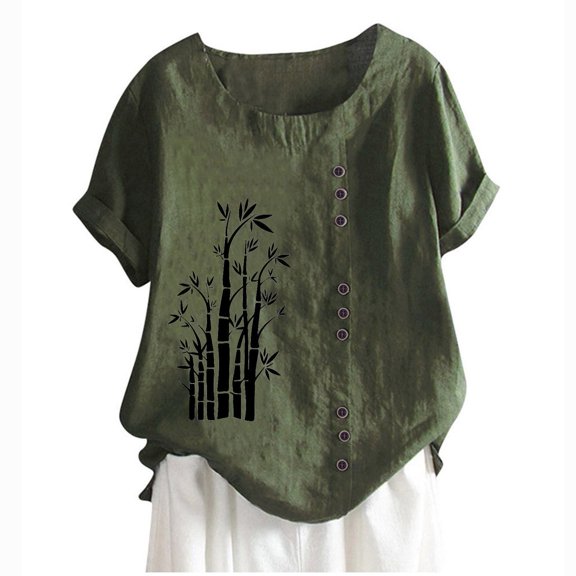 QQAMB Womens Summer Tops Plus Size Casual Linen Blouses Short Sleeve Tunic Shirts Floral Printed Button Loose Blouses Army Green 4XL