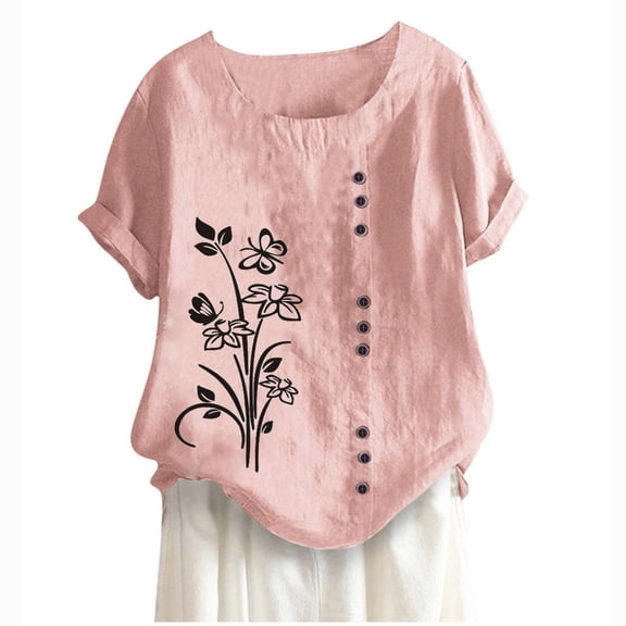 QQAMB Womens Summer Tops Plus Size Casual Linen Blouses Short Sleeve Tunic Shirts Floral Printed Button Loose Blouses Pink XL