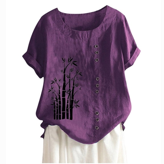 QQAMB Womens Summer Tops Plus Size Casual Linen Blouses Short Sleeve Tunic Shirts Floral Printed Button Loose Blouses Purple 5XL