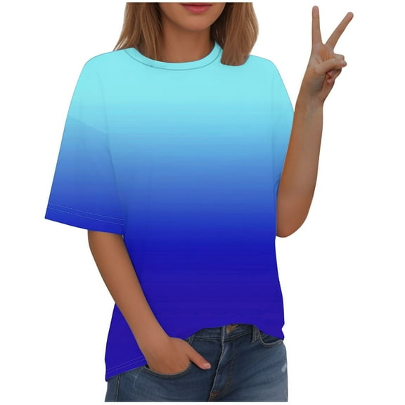 QQAMB Womens Summer Tops Plus Size Gradient Color Crewneck Short Sleeve Tee Shirts Causal Cute Trendy T-Shirts Light Blue 4XL