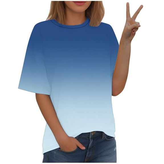 QQAMB Womens Summer Tops Plus Size Gradient Color Crewneck Short Sleeve Tee Shirts Causal Cute Trendy T-Shirts Sky Blue 2XL
