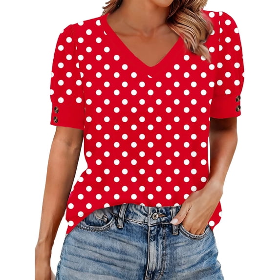 QQAMB Womens Summer Tops V-Neck Solid Color T-Shirts Dot Puff Sleeve Tops Loose Casual T-Shirts Red L