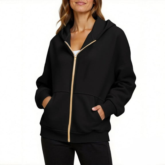 QQAMB Womens Sweatshirt Zip Up Hoodie Gold Zipper Comfy Cool Hoodies Fall Casual Jackets with Pocket Black M