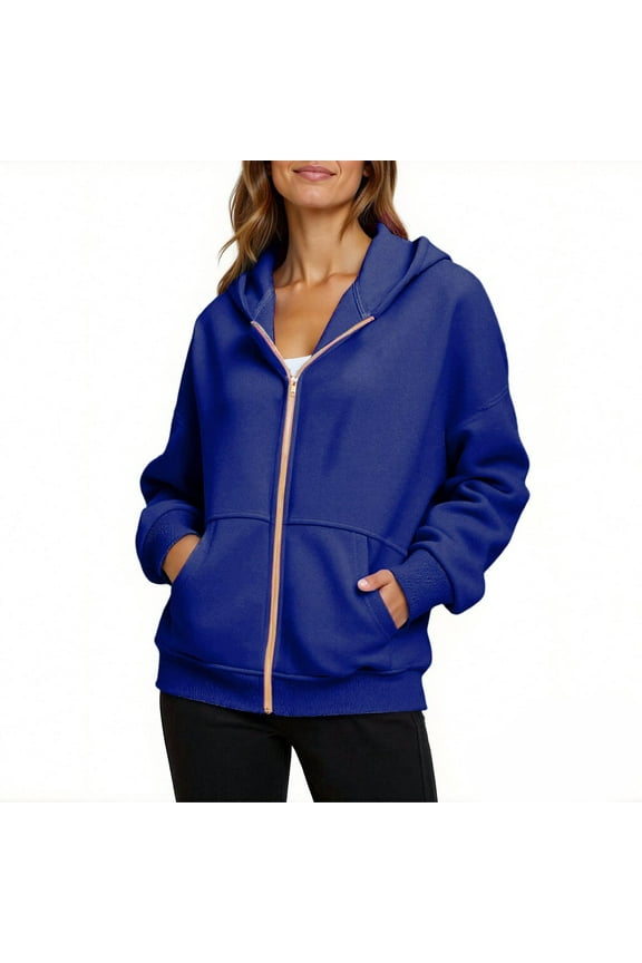 Womens Sweatshirt Zip Up Hoodie Gold Zipper Comfy Cool Hoodies Fall Casual Jackets with Pocket Blue L