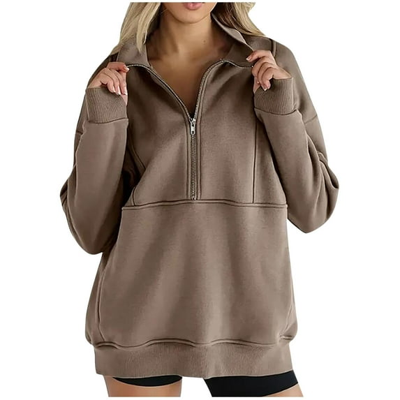 QQAMB Womens Sweatshirts Plus Size Solid Color Lightweight Sports Drawstring Hoodies Sweatshirts with Pocket Brown 2XL