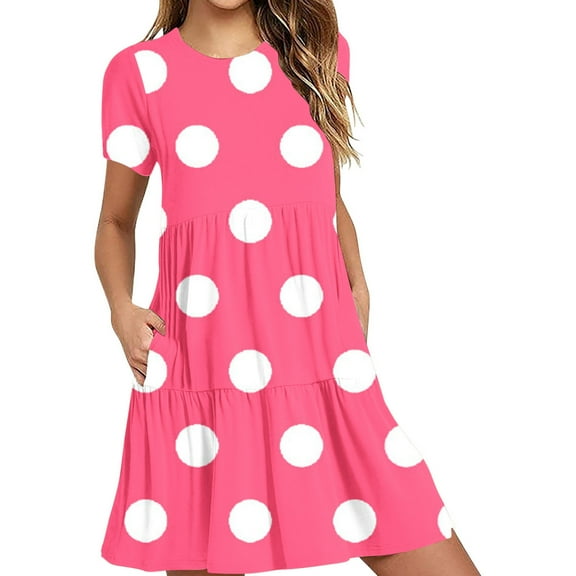 QQAMB Womens T-Shirt Dress with Pockets Summer Scoop Neck Ruffle Dress Casual Soft Print Graphic Short Sleeve Sundress Hot Pink 2XL