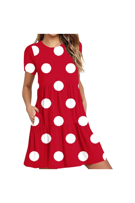 Womens T-Shirt Dress with Pockets Summer Scoop Neck Ruffle Dress Casual Soft Print Graphic Short Sleeve Sundress Red L