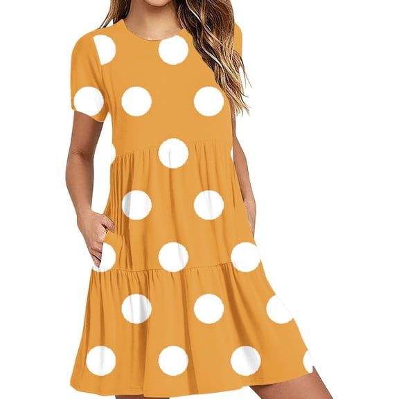 QQAMB Womens T-Shirt Dress with Pockets Summer Scoop Neck Ruffle Dress Casual Soft Print Graphic Short Sleeve Sundress Yellow S