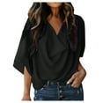 thumbnail image 1 of QQAMB Womens T-Shirts 3/4 Sleeve V-Neck Solid Color Wrap Draped Front Blouses Tops Black 3XL, 1 of 6