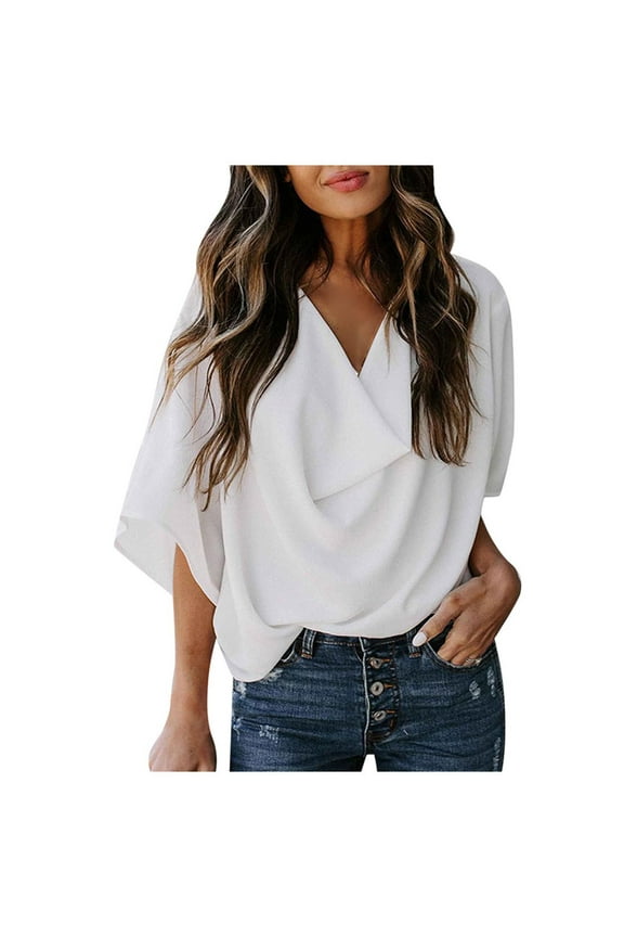 Womens T-Shirts 3/4 Sleeve V-Neck Solid Color Wrap Draped Front Blouses Tops White M