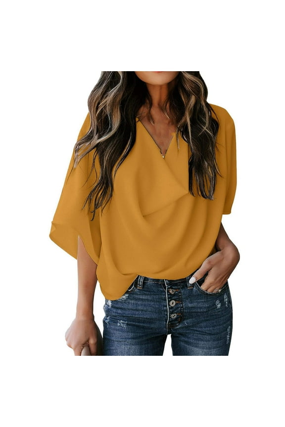 Womens T-Shirts 3/4 Sleeve V-Neck Solid Color Wrap Draped Front Blouses Tops Yellow 2XL