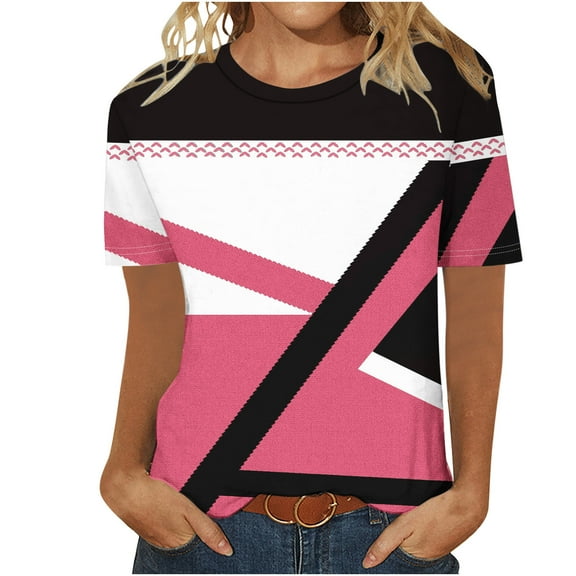 QQAMB Womens T-Shirts Color Block Summer Beach Vacation T-Shirts Shirts Casual Trendy Short Sleeve Blouses Tee Hot Pink 2XL