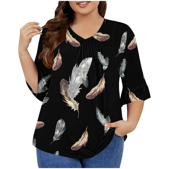 QQAMB Womens T-Shirts Plus Size 3/4 Sleeve Casual Printed V-Neck Pleated Summer Trendy Tunics Blouses Black XL