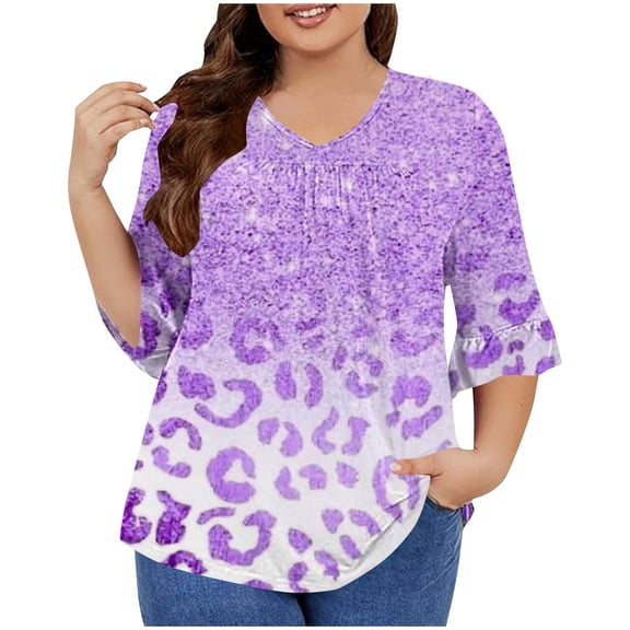 QQAMB Womens T-Shirts Plus Size 3/4 Sleeve Casual Printed V-Neck Pleated Summer Trendy Tunics Blouses Purple 3XL
