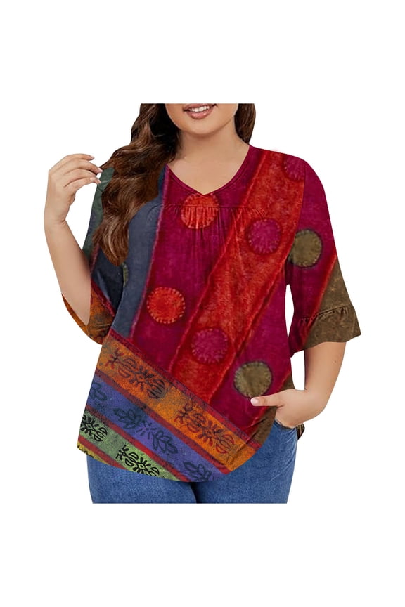 Womens T-Shirts Plus Size 3/4 Sleeve Casual Printed V-Neck Pleated Summer Trendy Tunics Blouses Red 3XL