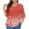 thumbnail image 1 of QQAMB Womens T-Shirts Plus Size 3/4 Sleeve Casual Printed V-Neck Pleated Summer Trendy Tunics Blouses Red 4XL, 1 of 5