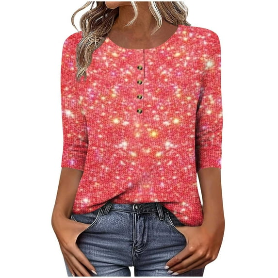 QQAMB Womens Tops 3/4 Length Sleeve Sparkly Shirts Elegant Work Blouse Dressy Casual T-Shirt Holiday Party Tees Red 2XL
