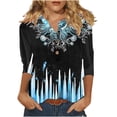 thumbnail image 1 of QQAMB Womens Tops 3/4 Sleeve Casual Knit Notched V-Neck Floral Printed Shirts Button Summer Loose Blouses Black S, 1 of 5