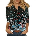 thumbnail image 1 of QQAMB Womens Tops 3/4 Sleeve Casual Knit Notched V-Neck Floral Printed Shirts Button Summer Loose Blouses Black S, 1 of 5