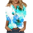 thumbnail image 1 of QQAMB Womens Tops 3/4 Sleeve Casual Knit Notched V-Neck Floral Printed Shirts Button Summer Loose Blouses Green 2XL, 1 of 6