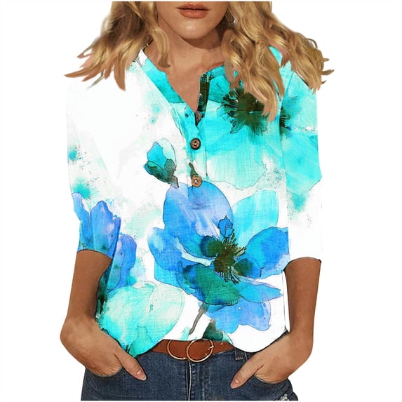 QQAMB Womens Tops 3/4 Sleeve Casual Knit Notched V-Neck Floral Printed Shirts Button Summer Loose Blouses Green 2XL
