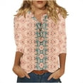 thumbnail image 1 of QQAMB Womens Tops 3/4 Sleeve Casual Knit Notched V-Neck Floral Printed Shirts Button Summer Loose Blouses Pink L, 1 of 5