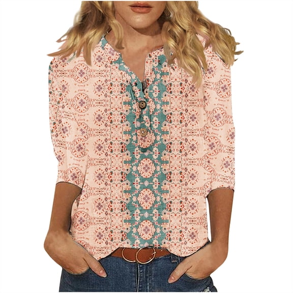 QQAMB Womens Tops 3/4 Sleeve Casual Knit Notched V-Neck Floral Printed Shirts Button Summer Loose Blouses Pink L