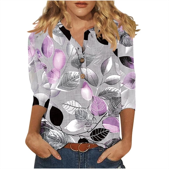 QQAMB Womens Tops 3/4 Sleeve Casual Knit Notched V-Neck Floral Printed Shirts Button Summer Loose Blouses Purple XL