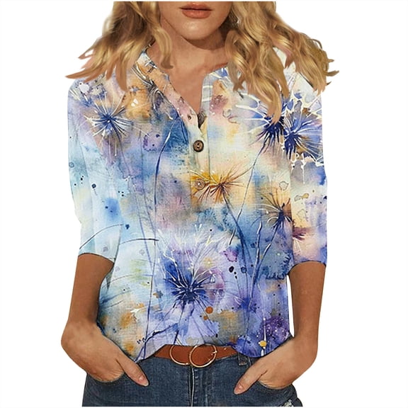 QQAMB Womens Tops 3/4 Sleeve Casual Knit Notched V-Neck Floral Printed Shirts Button Summer Loose Blouses Purple XL