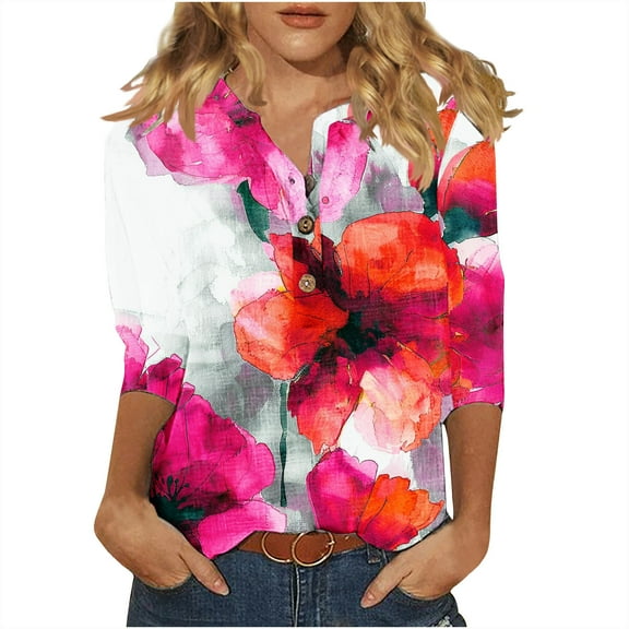 QQAMB Womens Tops 3/4 Sleeve Casual Knit Notched V-Neck Floral Printed Shirts Button Summer Loose Blouses Red 2XL