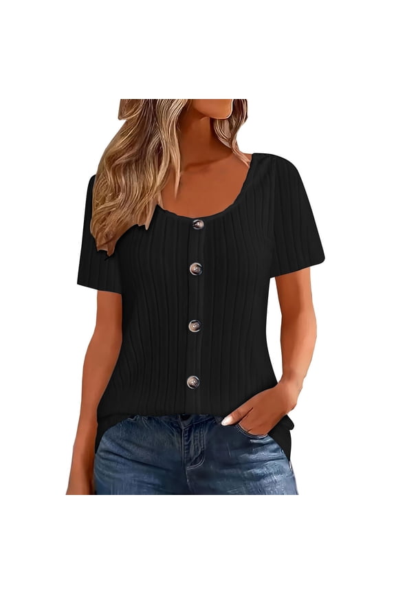 Womens Tops Casual Summer Short Sleeve Cardigans Button Down Knitted Sweater Basic Crewneck Crop Tops Black 4XL